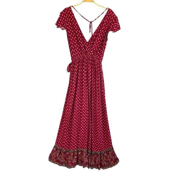 Xhilaration Floral Faux Wrap Maxi Dress Women Size S Red Cottagecore Ruffle Boho - Picture 2 of 11